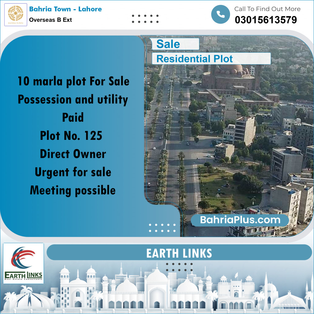 10 Marla Residential Plot for Sale in Overseas B Ext -  Bahria Town, Lahore - (BP-284163)