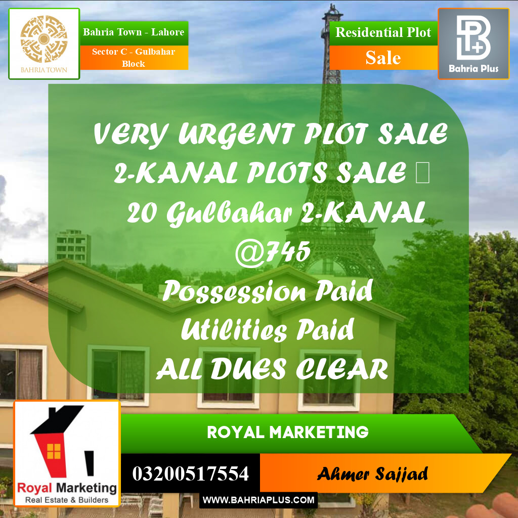 2 Kanal Residential Plot for Sale in Sector C - Gulbahar Block -  Bahria Town, Lahore - (BP-284266)