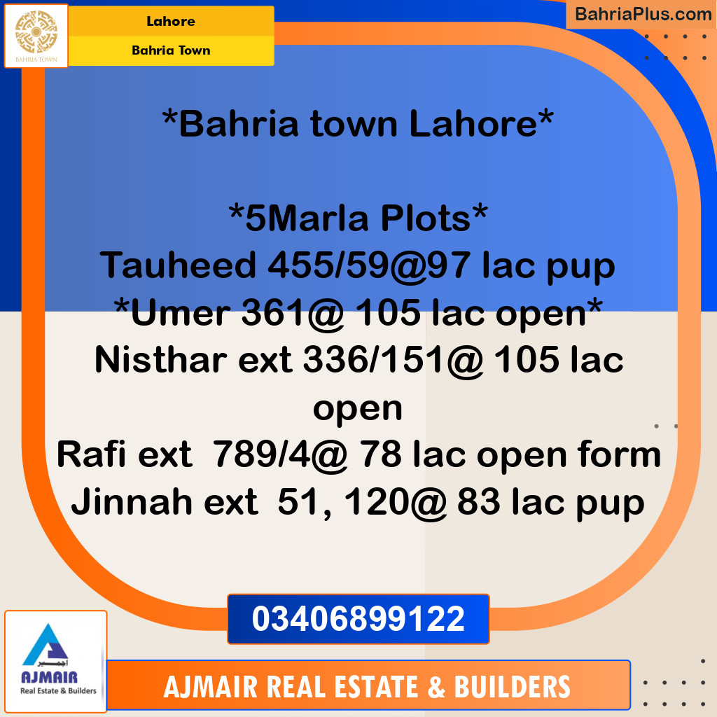 5 Marla Residential Plot for Sale in Bahria Town, Lahore - (BP-284439)