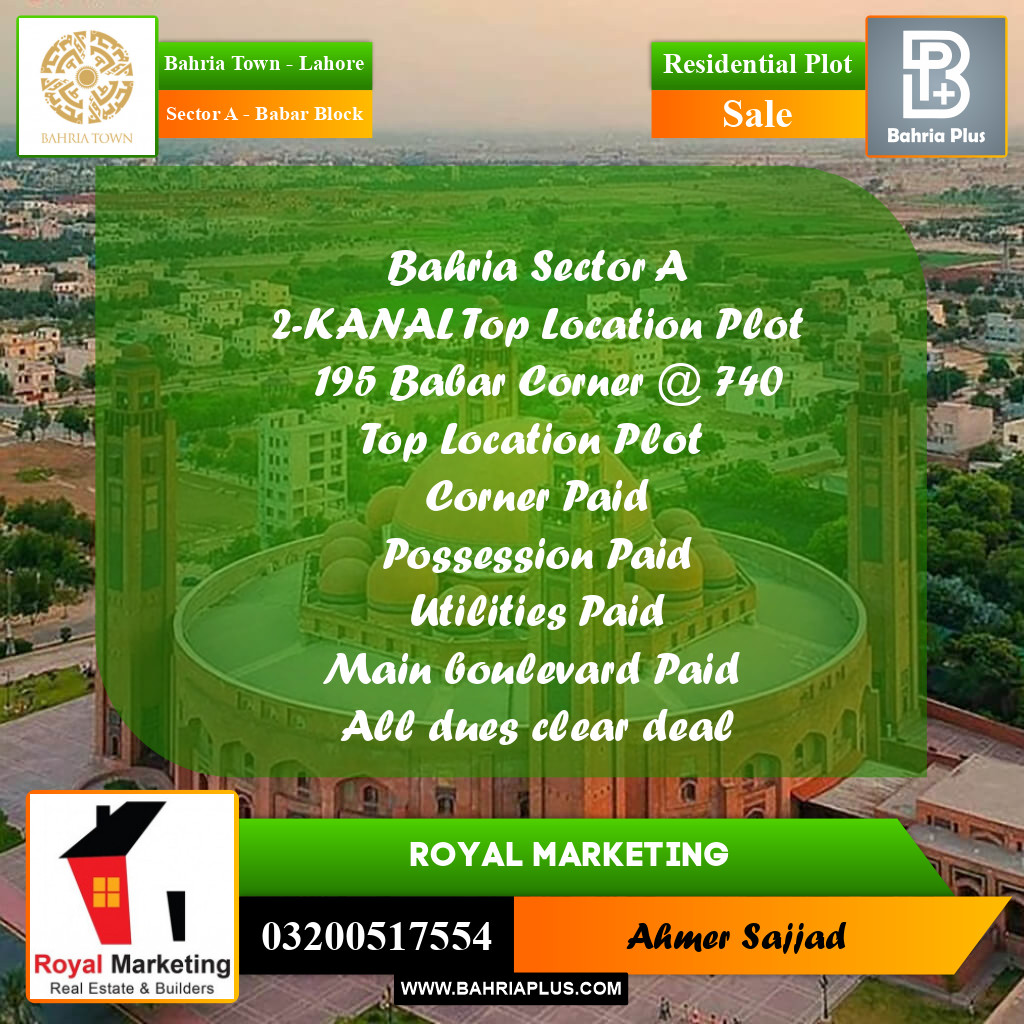 2 Kanal Residential Plot for Sale in Sector A - Babar Block -  Bahria Town, Lahore - (BP-284448)