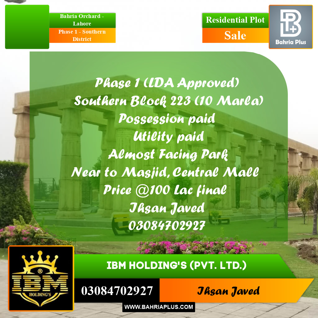 10 Marla Residential Plot for Sale in Phase 1 - Southern District -  Bahria Orchard, Lahore - (BP-284497)