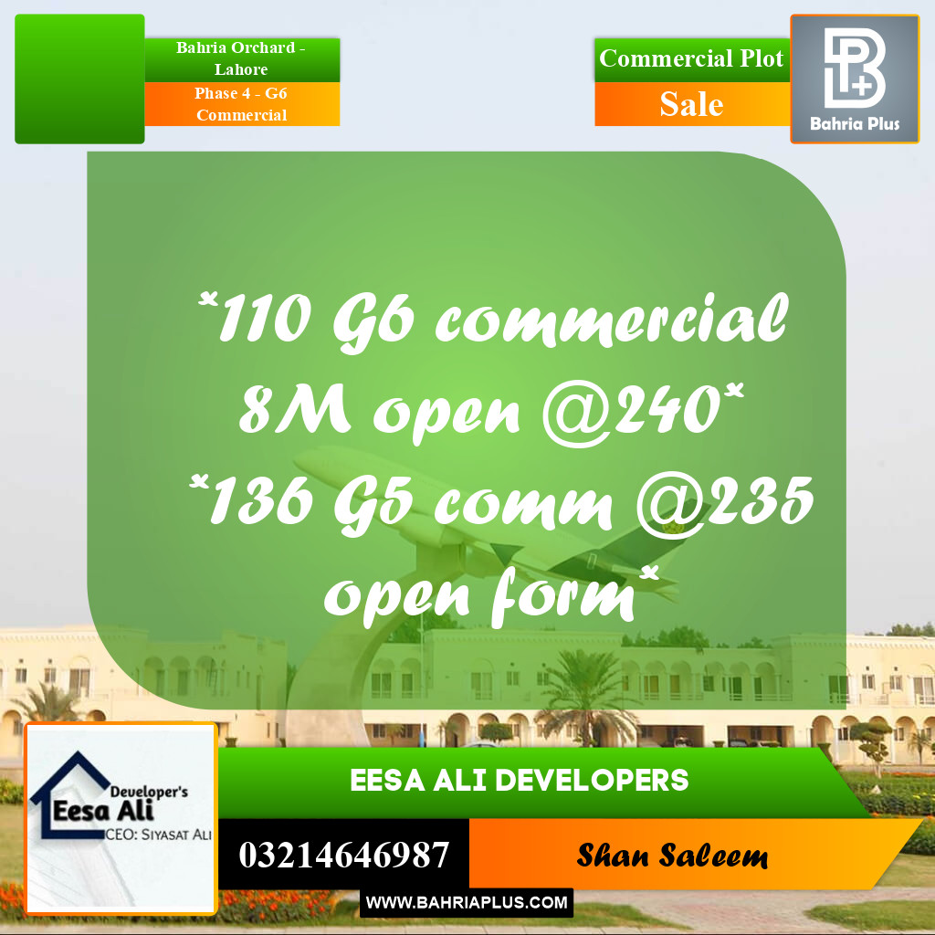 8 Marla Commercial Plot for Sale in Phase 4 - G6 Commercial -  Bahria Orchard, Lahore - (BP-284504)