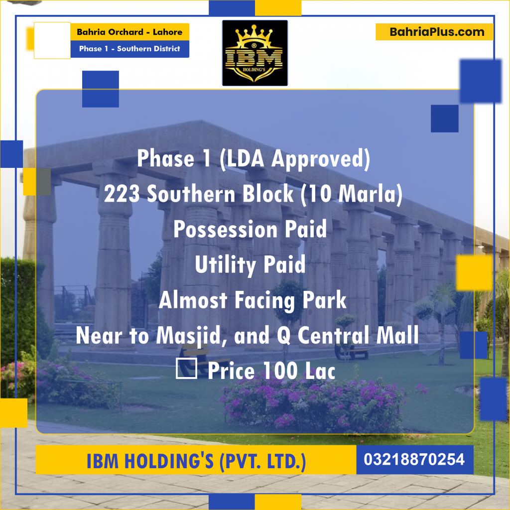 10 Marla Residential Plot for Sale in Phase 1 - Southern District -  Bahria Orchard, Lahore - (BP-284524)