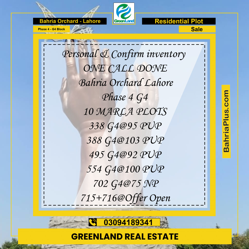10 Marla Residential Plot for Sale in Phase 4 - G4 Block -  Bahria Orchard, Lahore - (BP-284540)