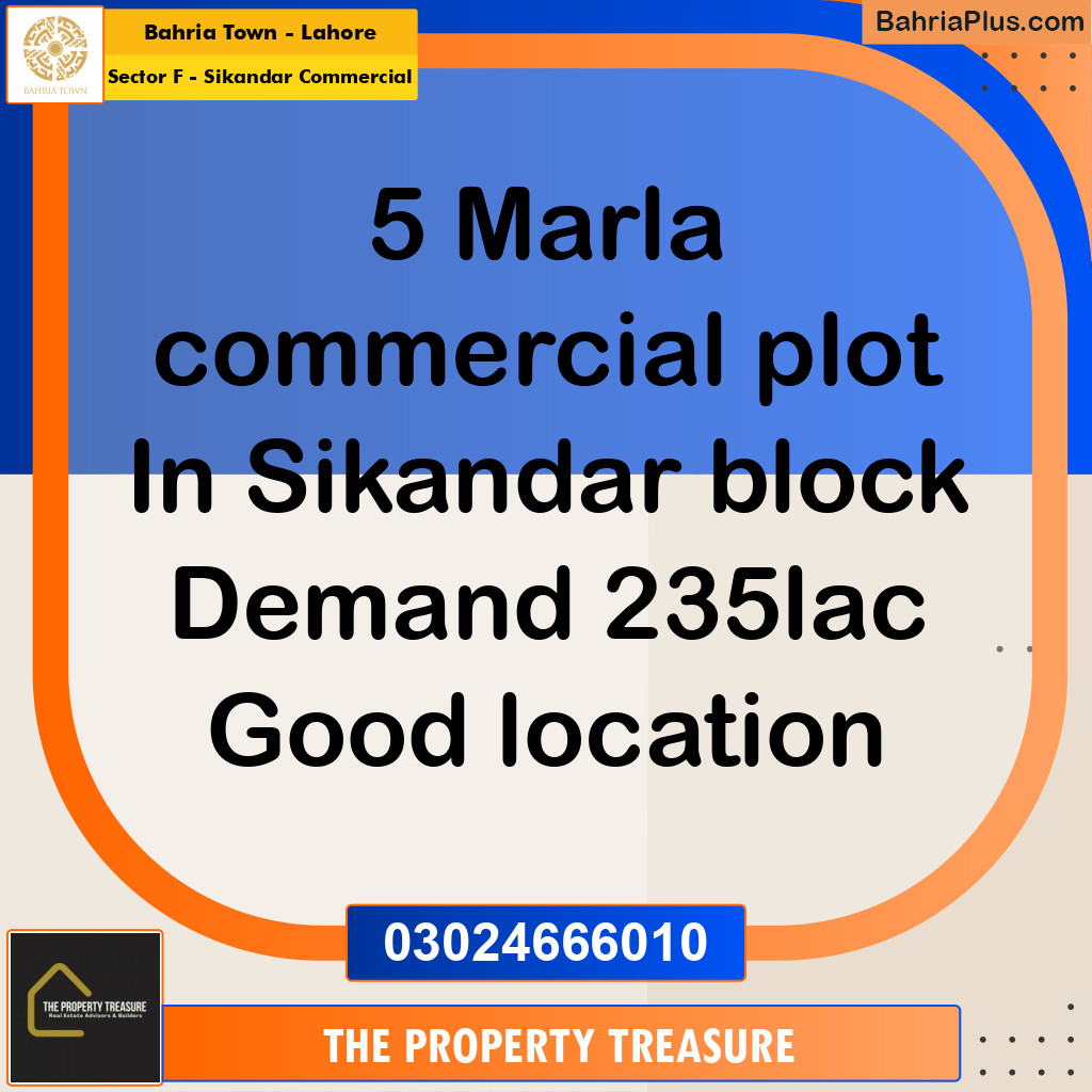 5 Marla Commercial Plot for Sale in Sector F - Sikandar Commercial -  Bahria Town, Lahore - (BP-284773)