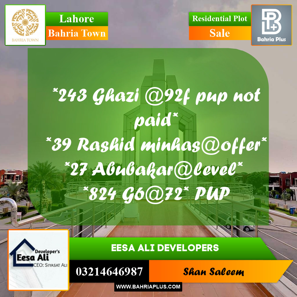 Residential Plot for Sale in Bahria Town, Lahore - (BP-284790)