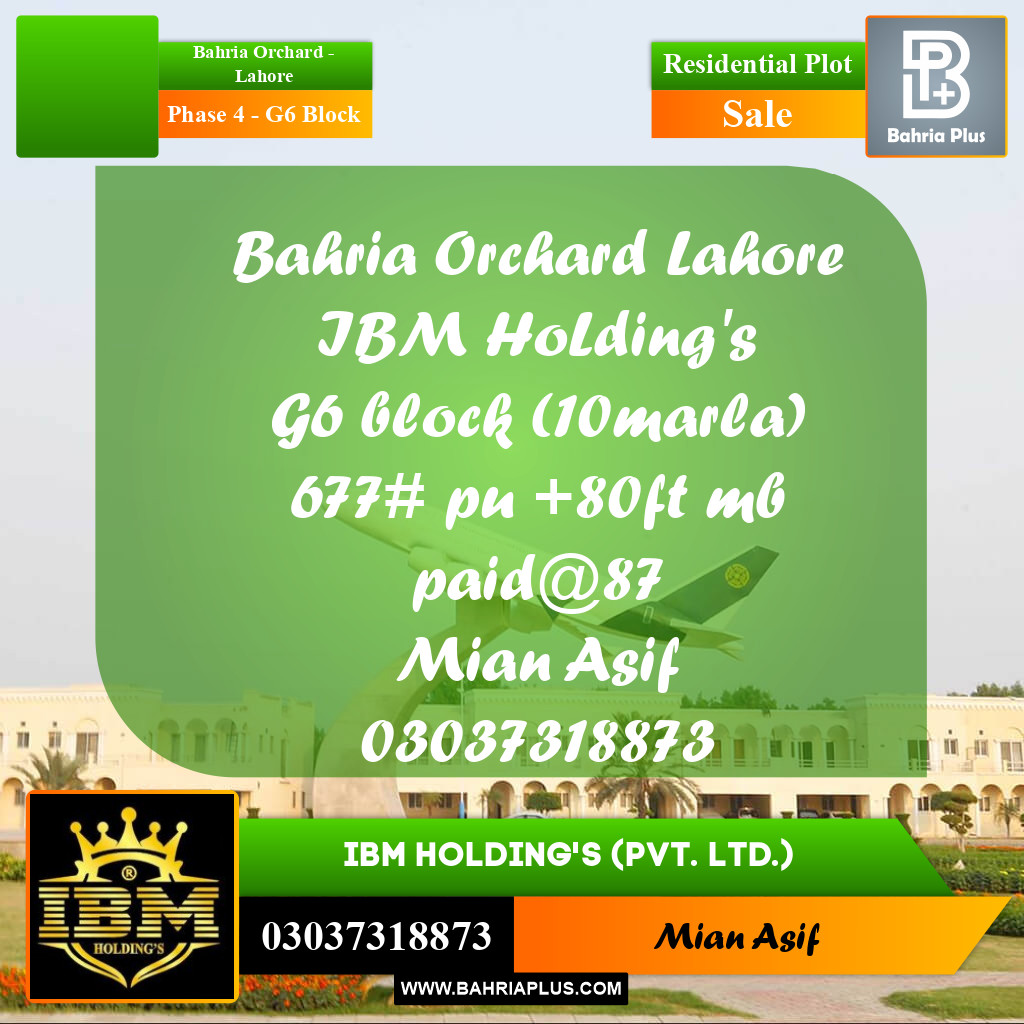 10 Marla Residential Plot for Sale in Phase 4 - G6 Block -  Bahria Orchard, Lahore - (BP-284796)
