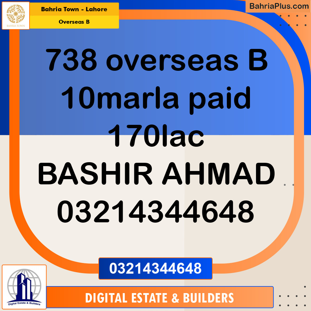 10 Marla Residential Plot for Sale in Overseas B -  Bahria Town, Lahore - (BP-284854)