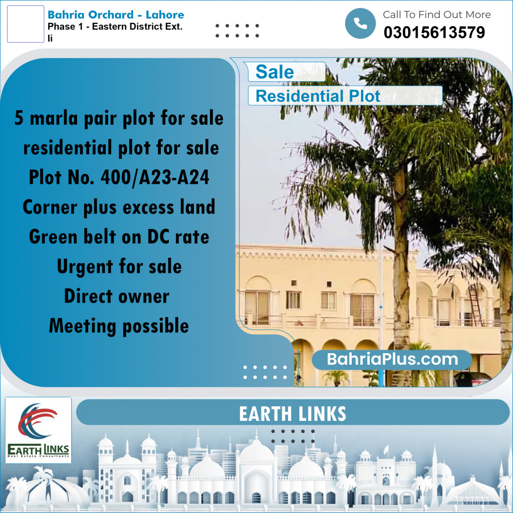 5 Marla Residential Plot for Sale in Phase 1 - Eastern District Ext. II -  Bahria Orchard, Lahore - (BP-284876)