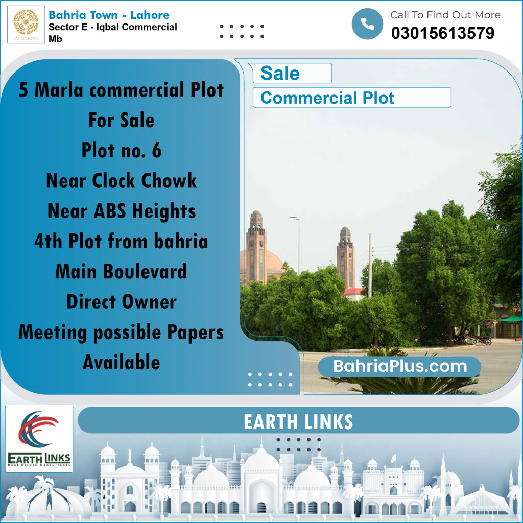5 Marla Commercial Plot for Sale in Sector E - Iqbal Commercial MB -  Bahria Town, Lahore - (BP-284882)