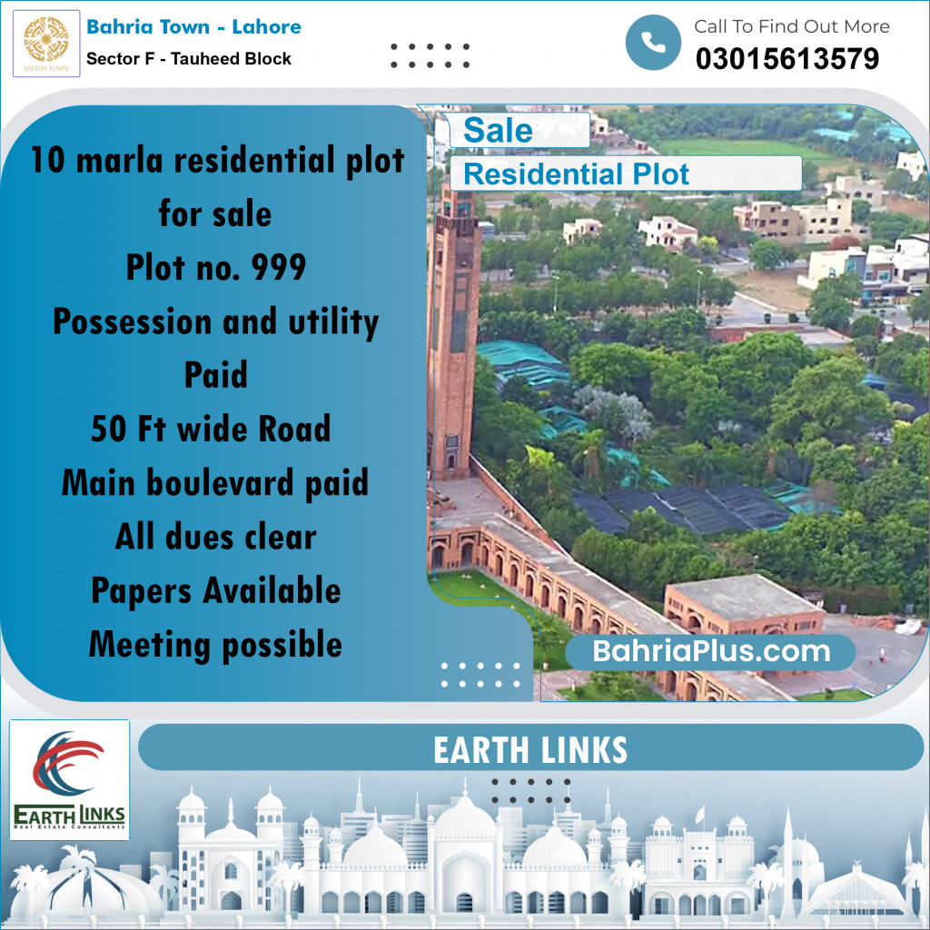 10 Marla Residential Plot for Sale in Sector F - Tauheed Block -  Bahria Town, Lahore - (BP-284942)
