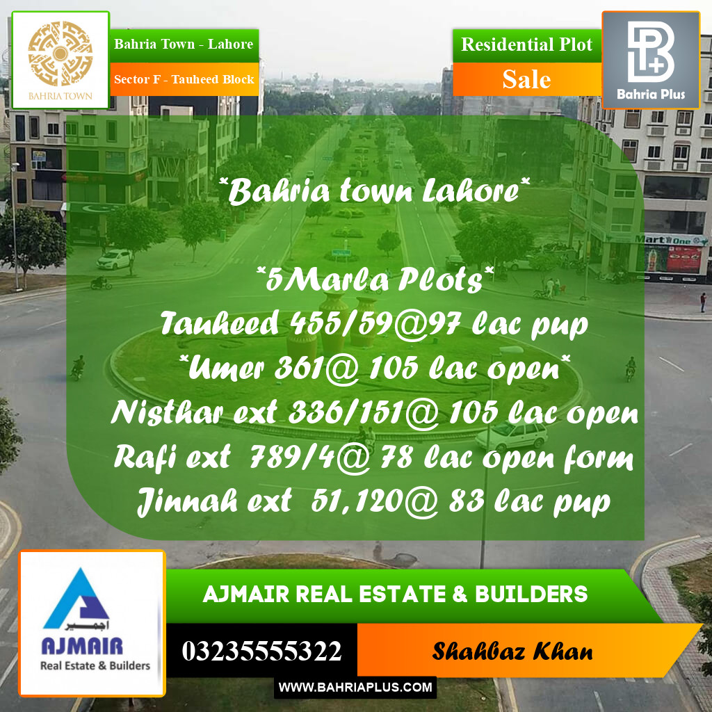 10 Marla Residential Plot for Sale in Sector F - Tauheed Block -  Bahria Town, Lahore - (BP-285042)