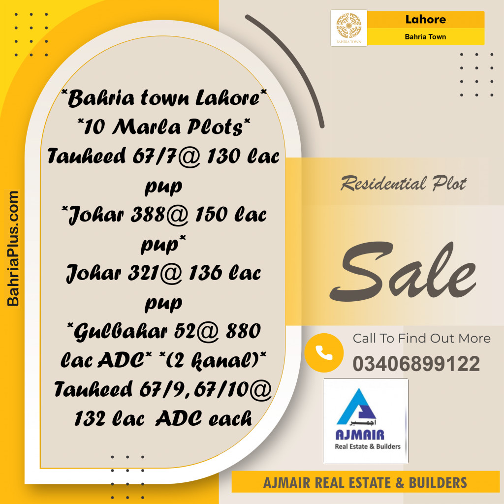 10 Marla Residential Plot for Sale in Bahria Town, Lahore - (BP-285051)