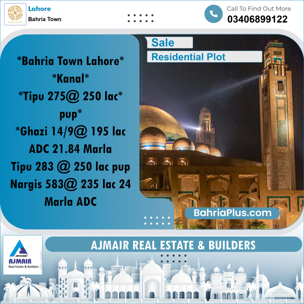 1 Kanal Residential Plot for Sale in Bahria Town, Lahore - (BP-285054)