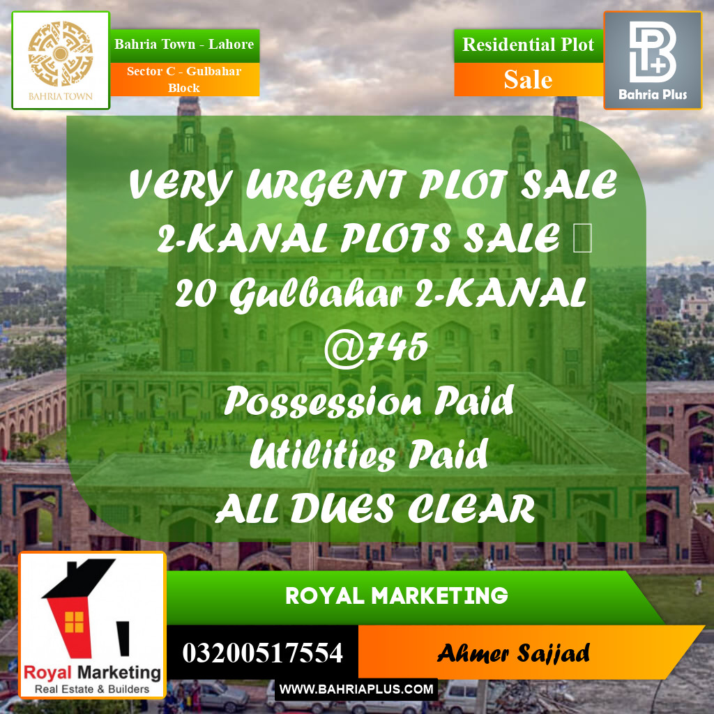 2 Kanal Residential Plot for Sale in Sector C - Gulbahar Block -  Bahria Town, Lahore - (BP-285154)