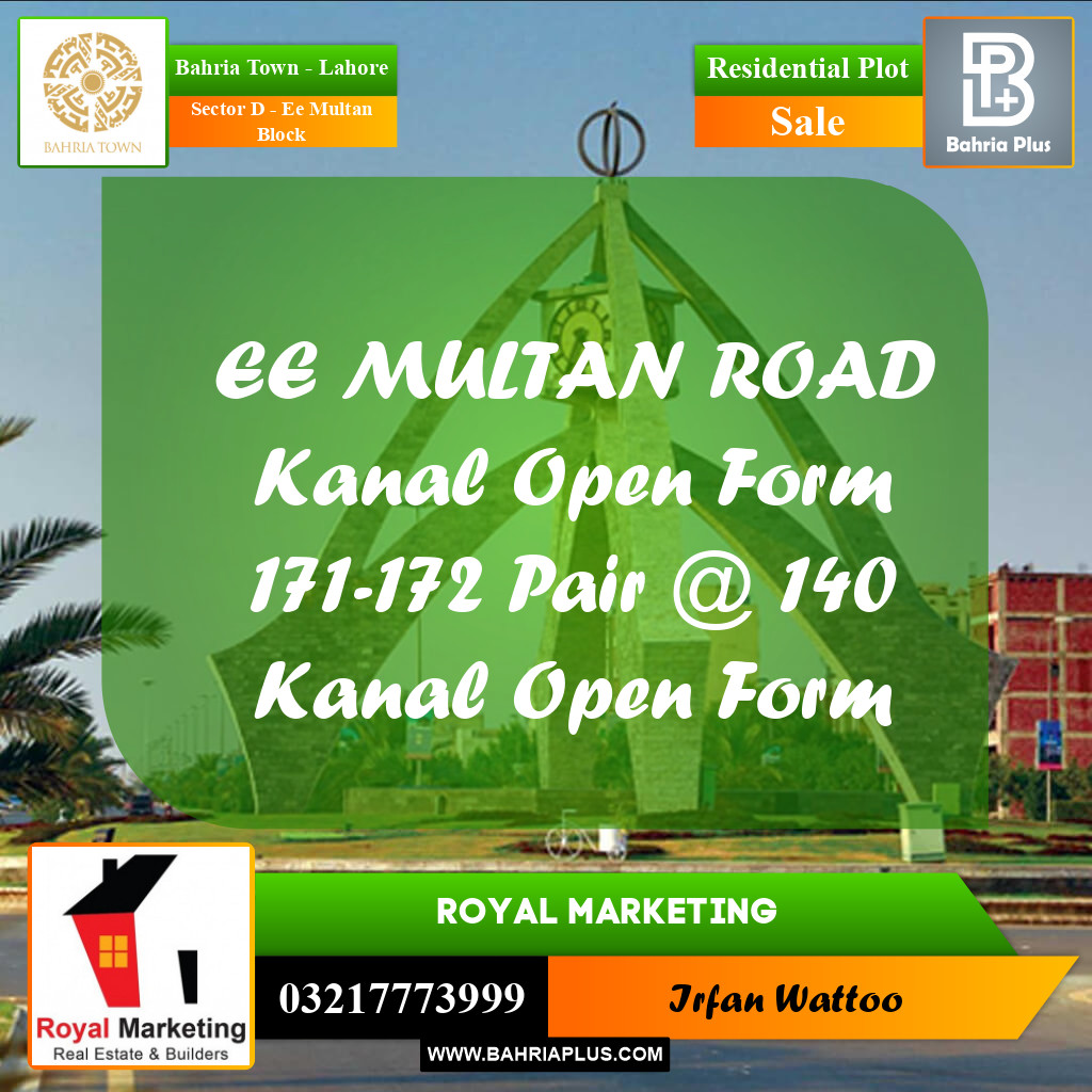 20 Marla Residential Plot for Sale in Sector D - EE Multan Block -  Bahria Town, Lahore - (BP-285174)