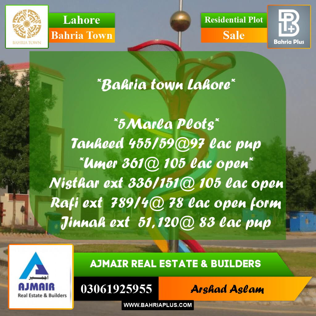 5 Marla Residential Plot for Sale in Bahria Town, Lahore - (BP-285281)
