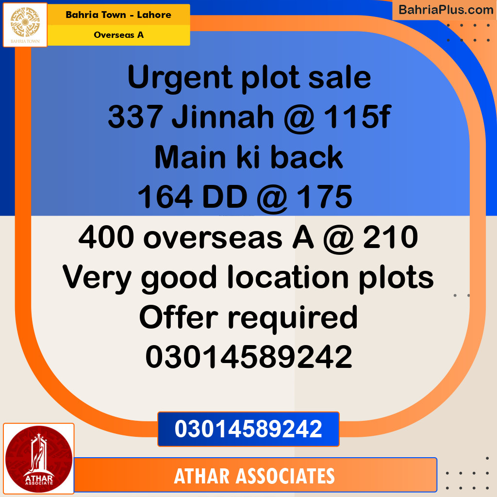 10 Marla Residential Plot for Sale in Overseas A -  Bahria Town, Lahore - (BP-285304)