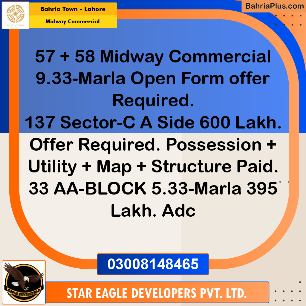 9.33 Marla Commercial Plot for Sale in Midway Commercial -  Bahria Town, Lahore - (BP-285458)
