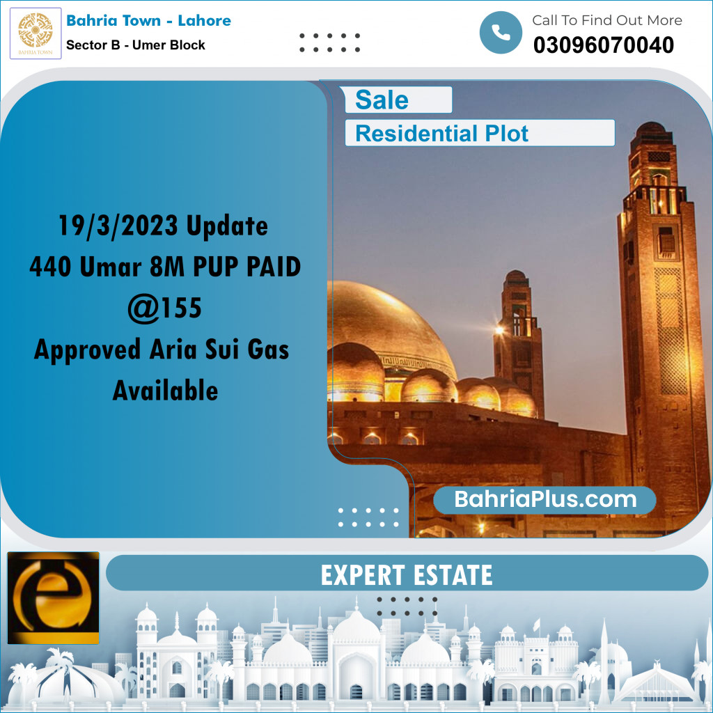 8 Marla Residential Plot for Sale in Sector B - Umer Block -  Bahria Town, Lahore - (BP-285528)