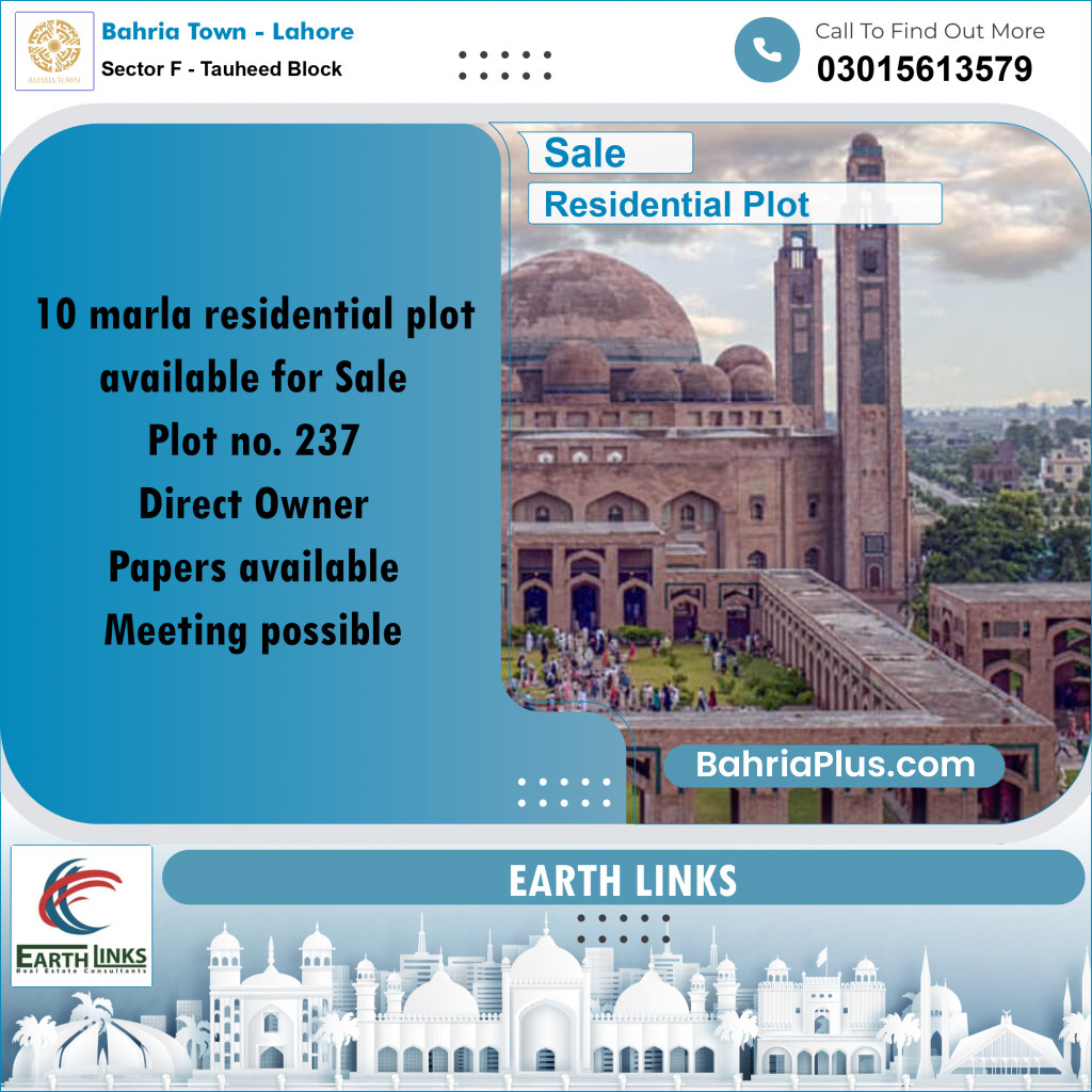 10 Marla Residential Plot for Sale in Sector F - Tauheed Block -  Bahria Town, Lahore - (BP-285658)