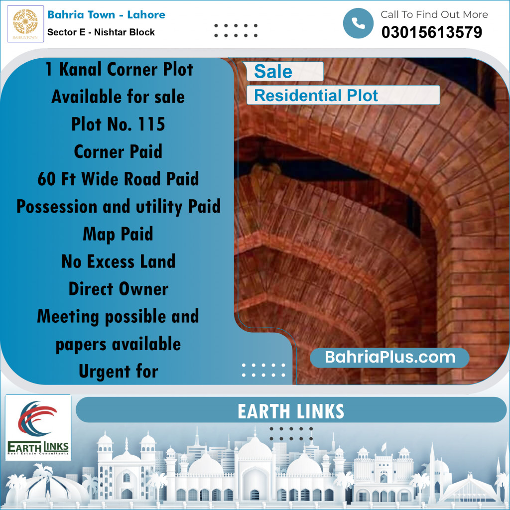 1 Kanal Residential Plot for Sale in Sector E - Nishtar Block -  Bahria Town, Lahore - (BP-285669)