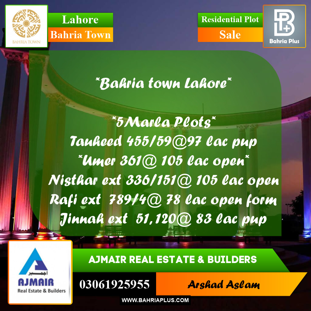 5 Marla Residential Plot for Sale in Bahria Town, Lahore - (BP-285677)