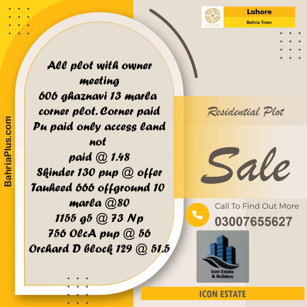 Residential Plot for Sale in Bahria Town, Lahore - (BP-285744)