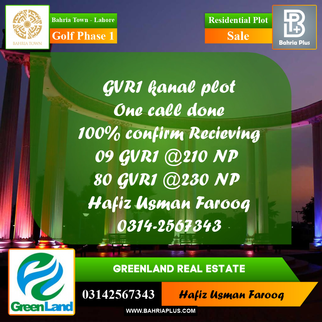 1 Kanal Residential Plot for Sale in Golf Phase 1 -  Bahria Town, Lahore - (BP-285755)