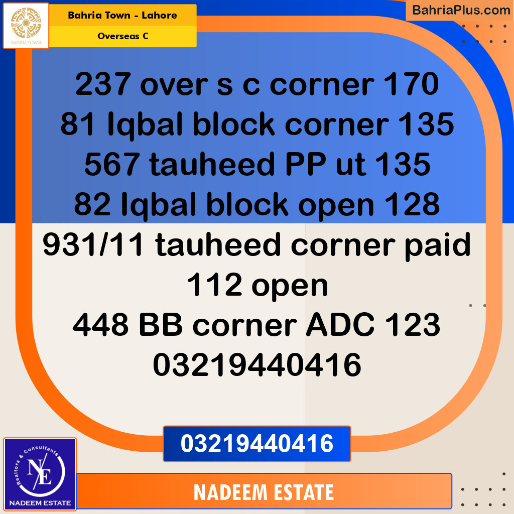 Residential Plot for Sale in Overseas C -  Bahria Town, Lahore - (BP-285927)