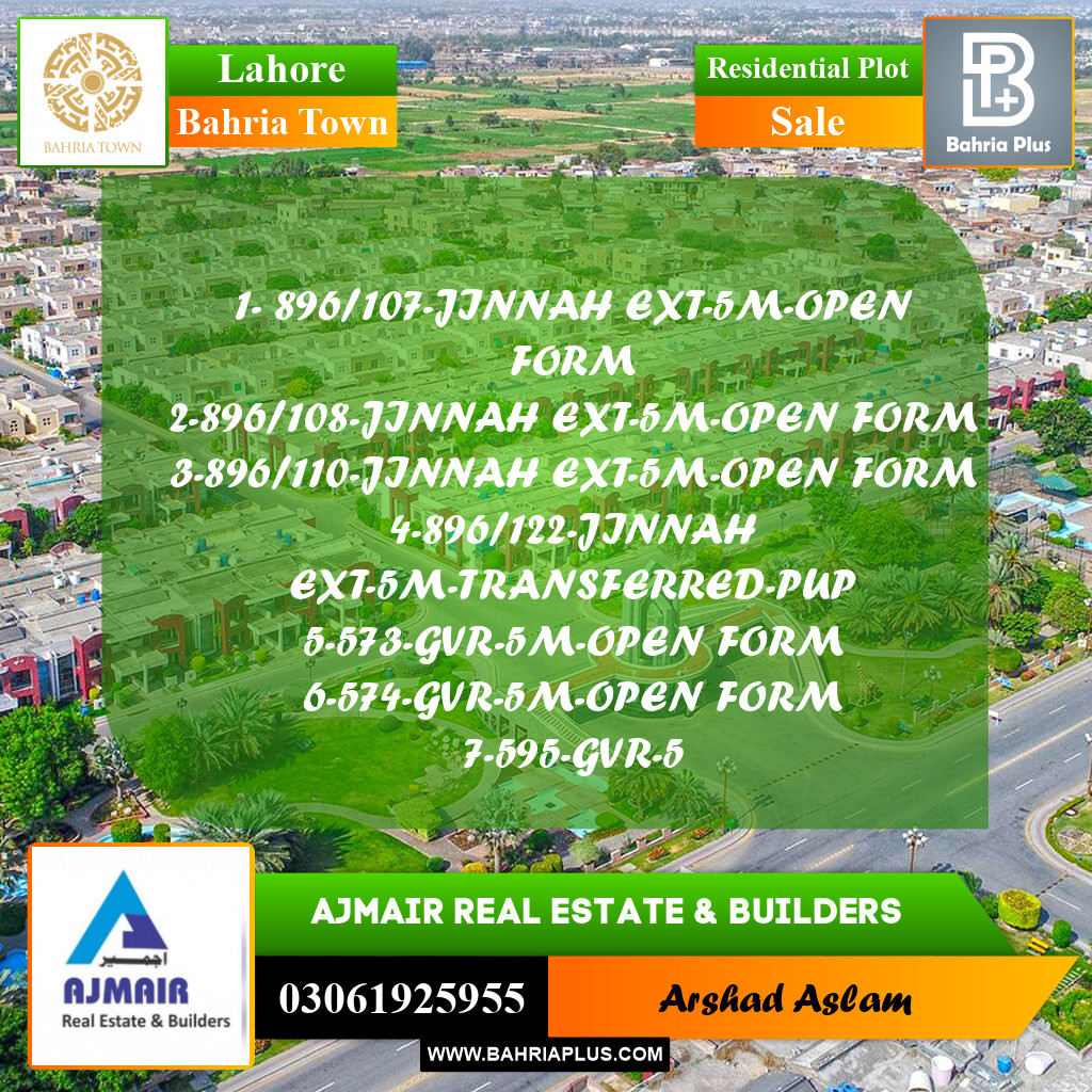 Residential Plot for Sale in Bahria Town, Lahore - (BP-286031)