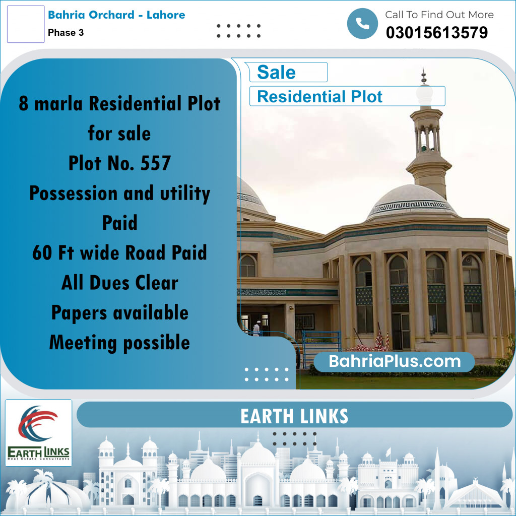 8 Marla Residential Plot for Sale in Phase 3 -  Bahria Orchard, Lahore - (BP-286038)