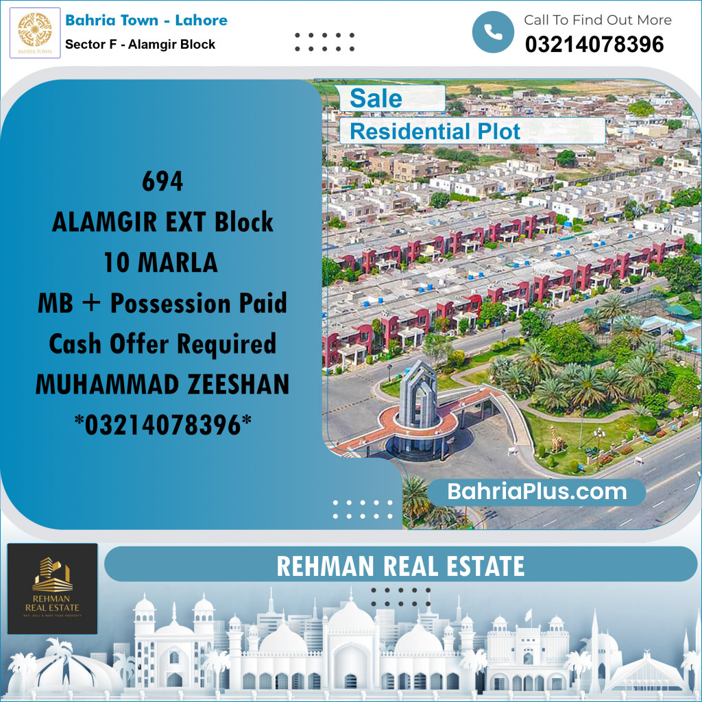 10 Marla Residential Plot for Sale in Sector F - Alamgir Block -  Bahria Town, Lahore - (BP-286039)