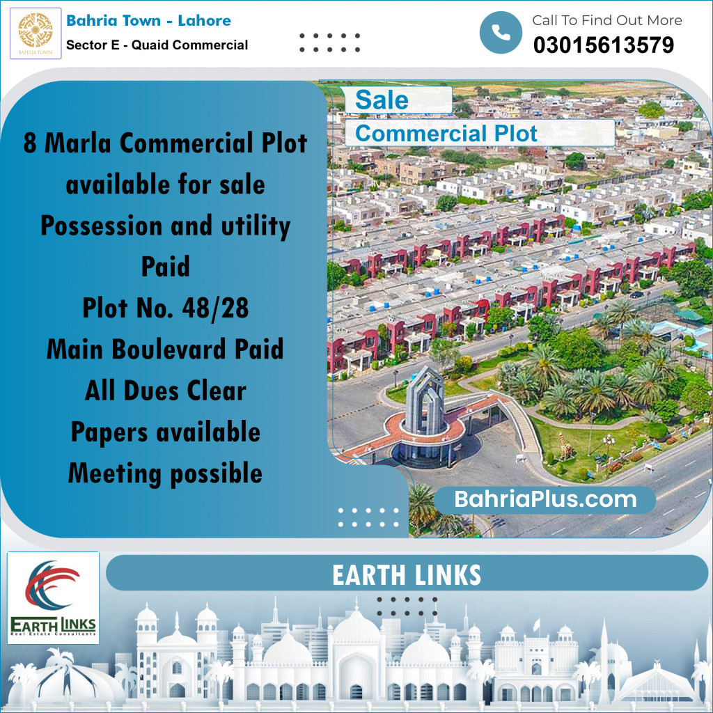 8 Marla Commercial Plot for Sale in Sector E - Quaid Commercial -  Bahria Town, Lahore - (BP-286043)