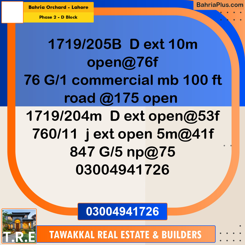 5 Marla Residential Plot for Sale in Phase 2 - D Block -  Bahria Orchard, Lahore - (BP-286127)