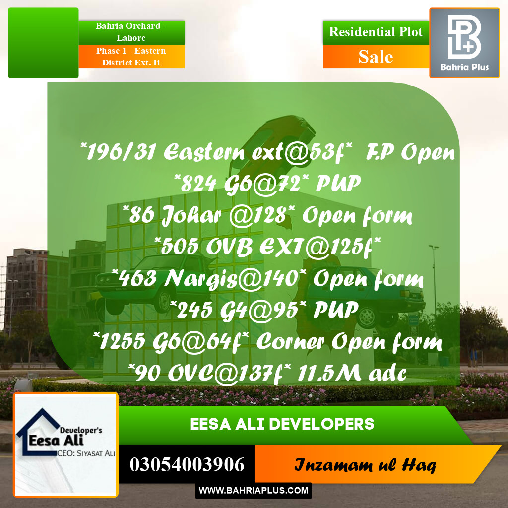 Residential Plot for Sale in Phase 1 - Eastern District Ext. II -  Bahria Orchard, Lahore - (BP-286144)