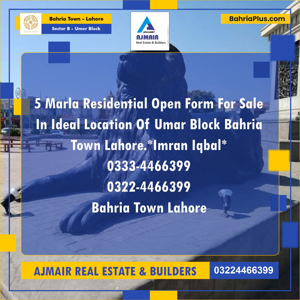 5 Marla Residential Plot for Sale in Sector B - Umer Block - Bahria Town, Lahore - (BP-286167)