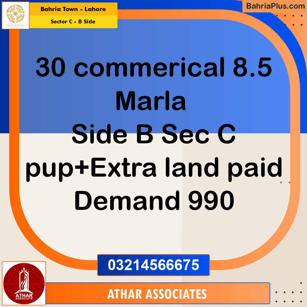 8.5 Marla Commercial Plot for Sale in Sector C - B Side -  Bahria Town, Lahore - (BP-286232)