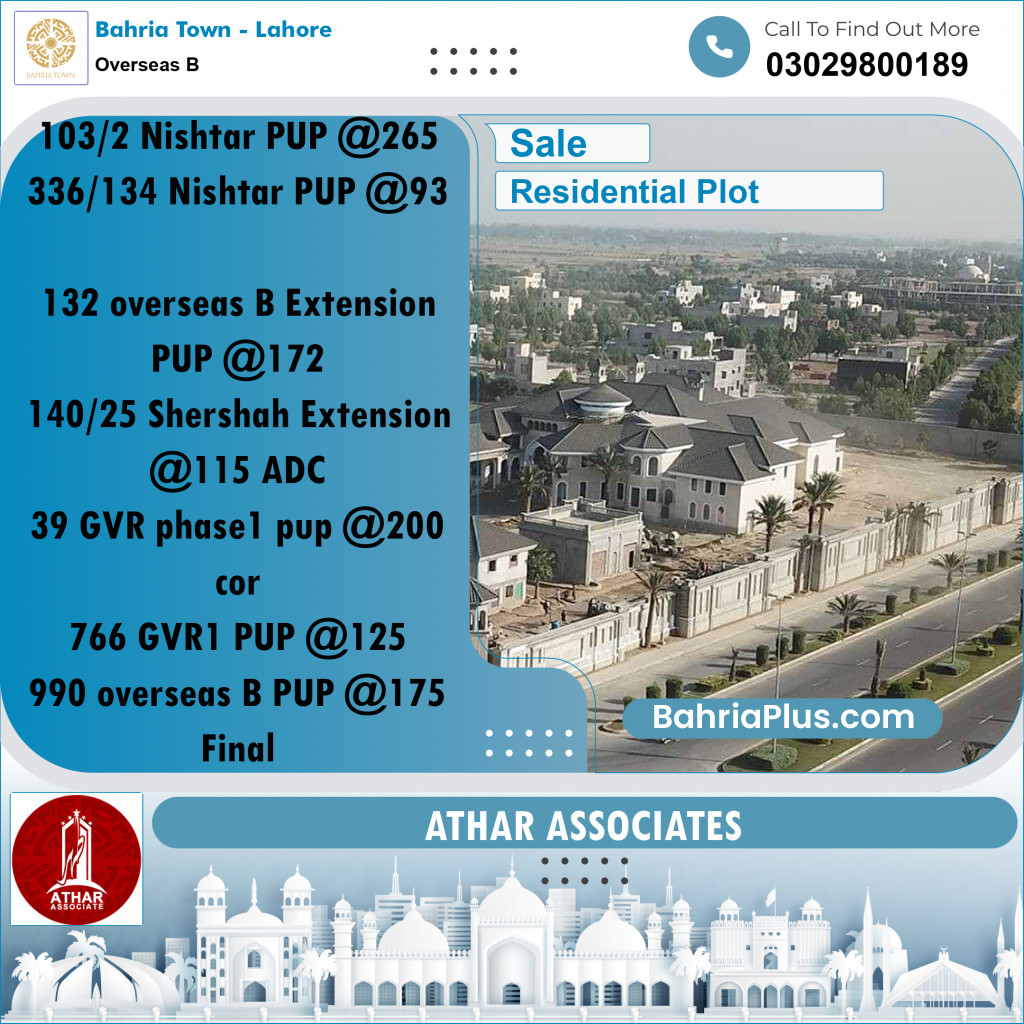 10 Marla Residential Plot for Sale in Overseas B - Bahria Town, Lahore - (BP-286275)
