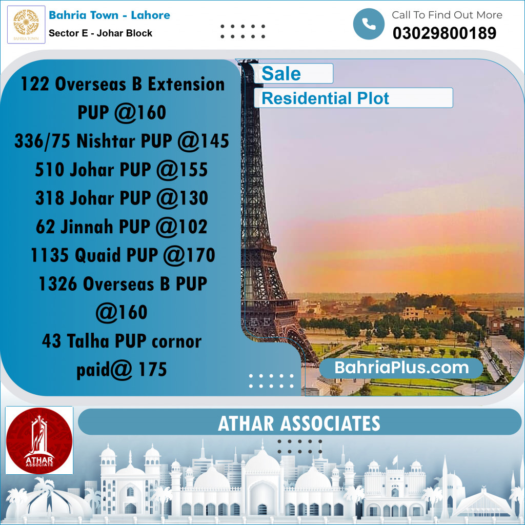 10 Marla Residential Plot for Sale in Sector E - Johar Block - Bahria Town, Lahore - (BP-286344)