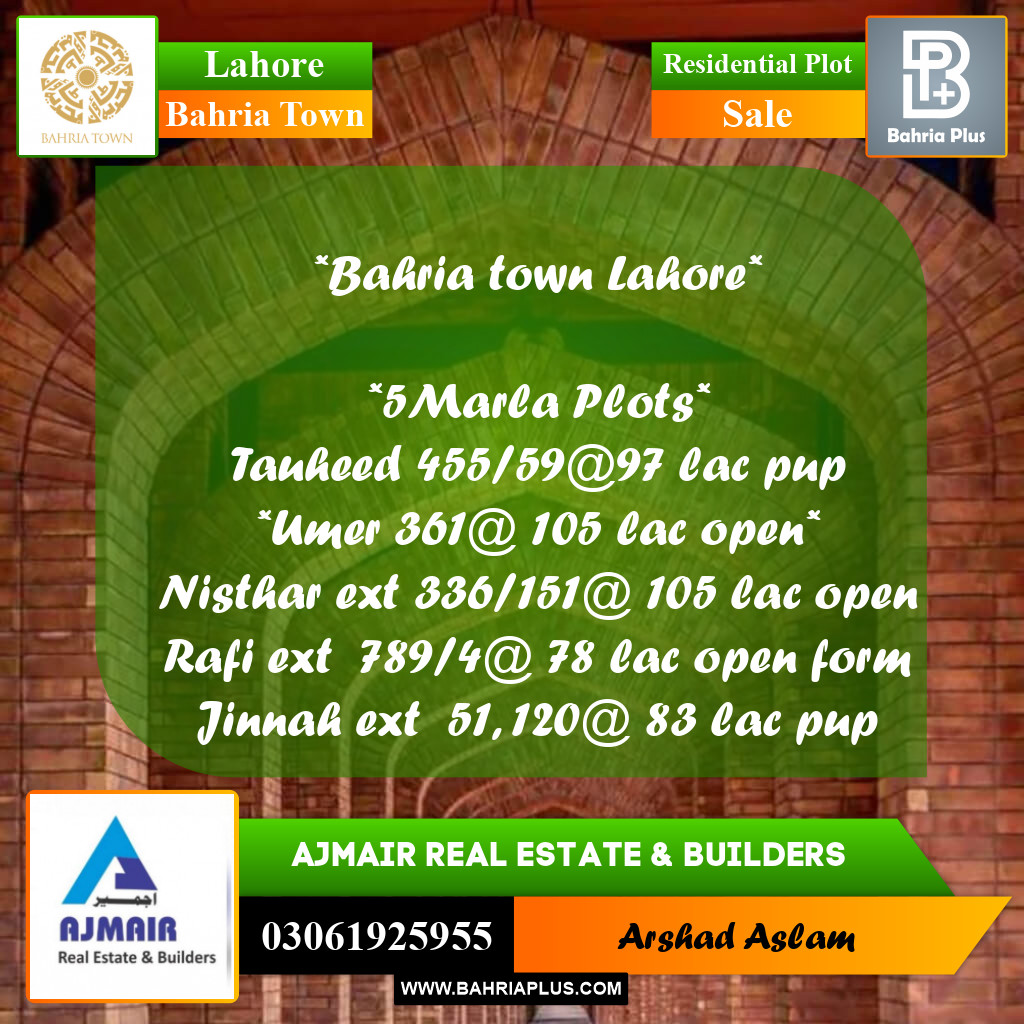 5 Marla Residential Plot for Sale in Bahria Town, Lahore - (BP-286357)
