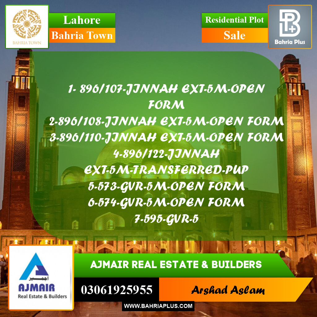 Residential Plot for Sale in Bahria Town, Lahore - (BP-286359)