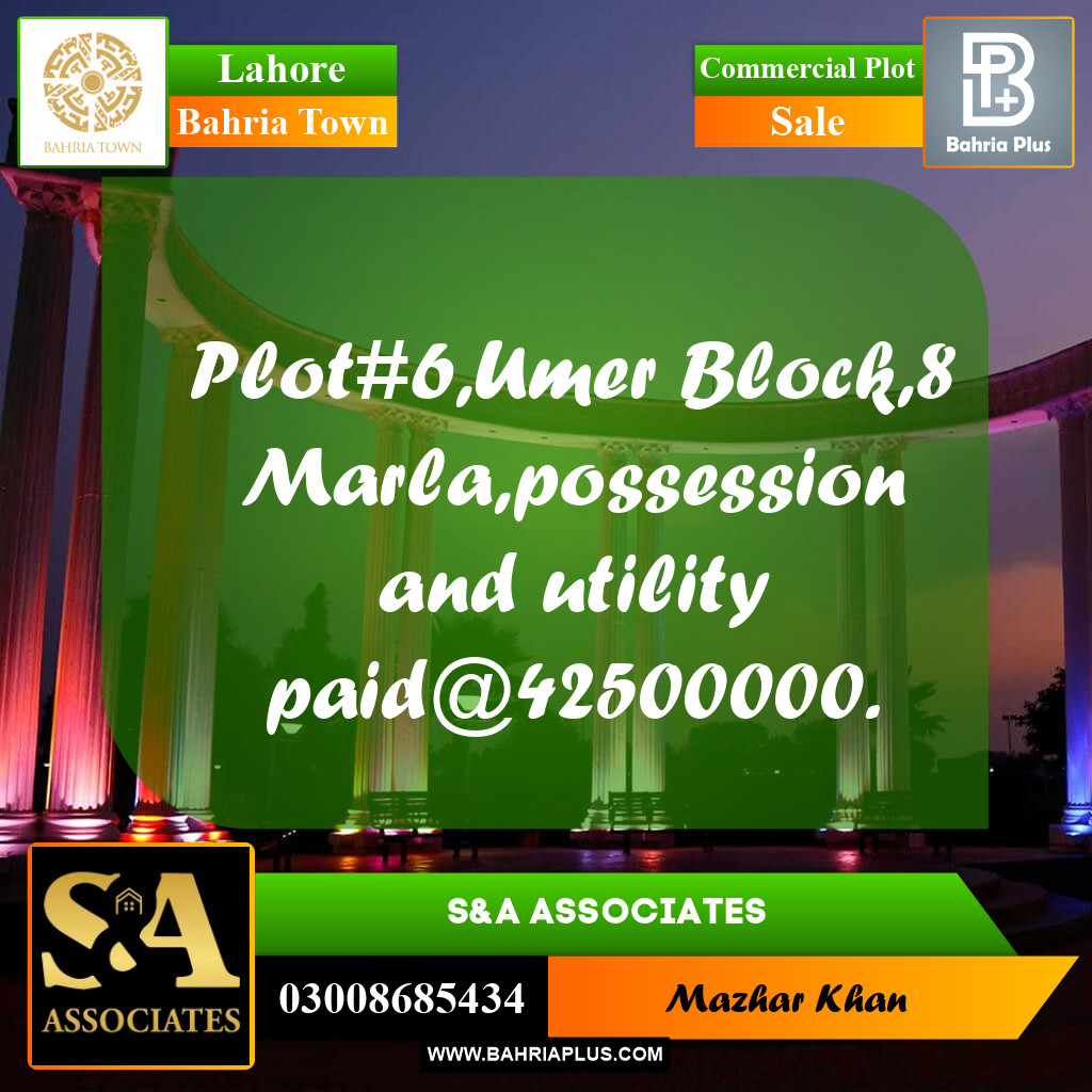 8 Marla Commercial Plot for Sale in Bahria Town, Lahore - (BP-286363)