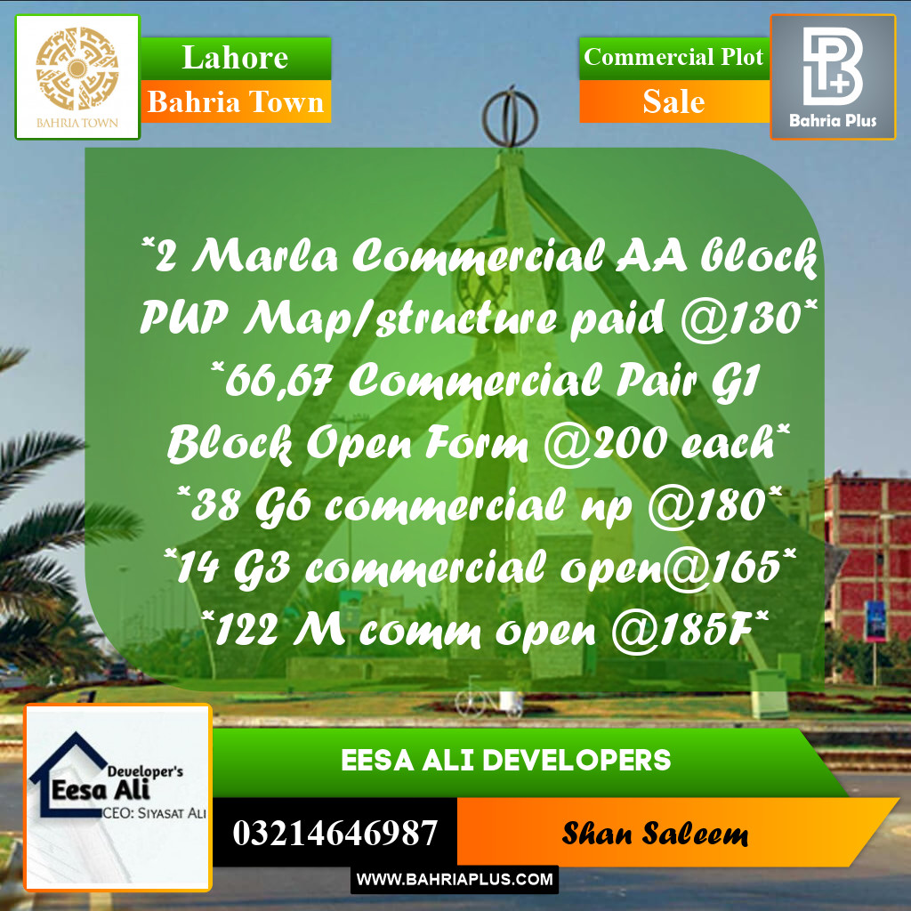 Commercial Plot for Sale in Bahria Town, Lahore - (BP-286370)