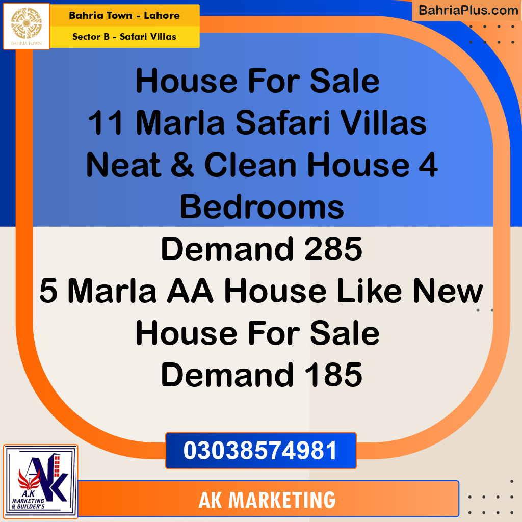11 Marla Residential House for Sale in Sector B - Safari Villas -  Bahria Town, Lahore - (BP-286380)