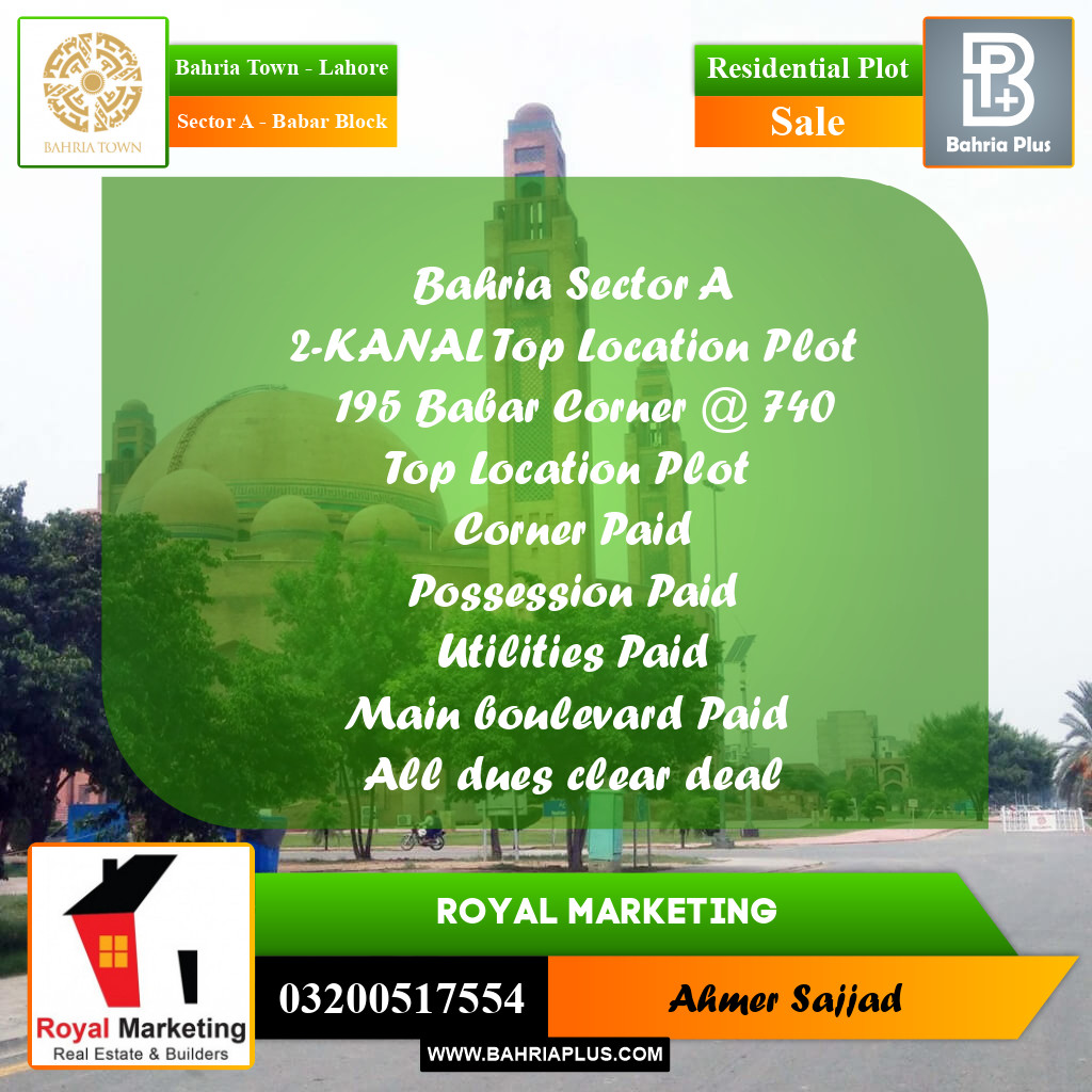 2 Kanal Residential Plot for Sale in Sector A - Babar Block - Bahria Town, Lahore - (BP-286457)