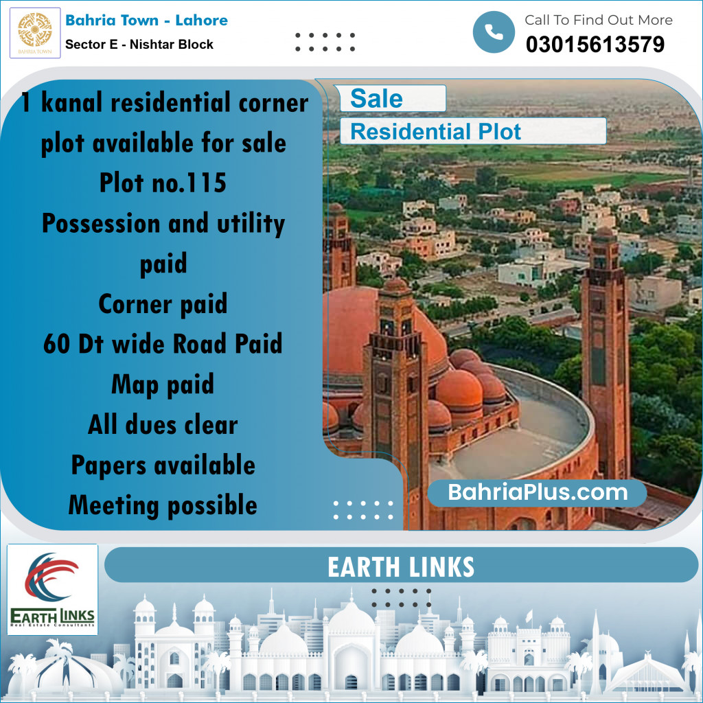 1 Kanal Residential Plot for Sale in Sector E - Nishtar Block - Bahria Town, Lahore - (BP-286466)