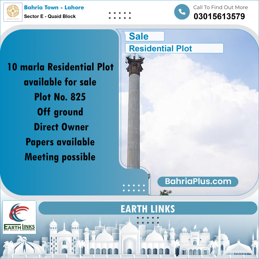 10 Marla Residential Plot for Sale in Sector E - Quaid Block -  Bahria Town, Lahore - (BP-286488)