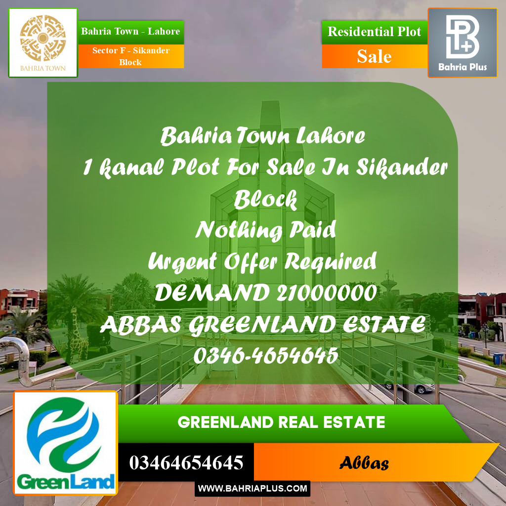1 Kanal Residential Plot for Sale in Sector F - Sikander Block -  Bahria Town, Lahore - (BP-286521)