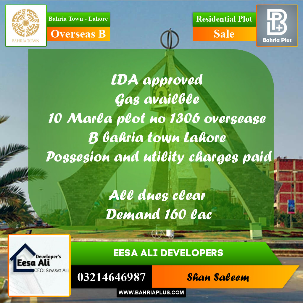 10 Marla Residential Plot for Sale in Overseas B -  Bahria Town, Lahore - (BP-286536)